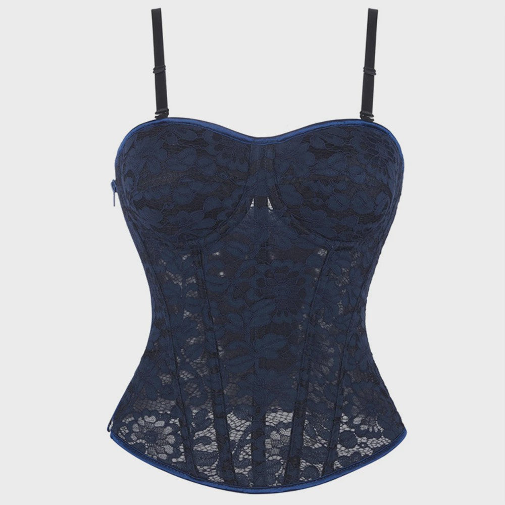 Zwart kanten korset top met mesh en ritssluiting - Sexy bustier voor feesten