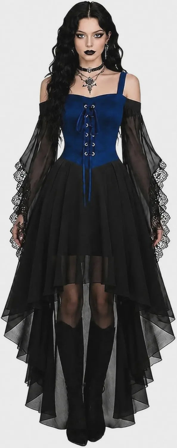 Gothic Heksenjurk Dames - Middeleeuwse Vampier Stijl met Vlinder Mouwen & Kant