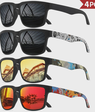 4-delige Set Vierkante Sportzonnebrillen met Designer Tempelpatroon - UV400 Bescherming