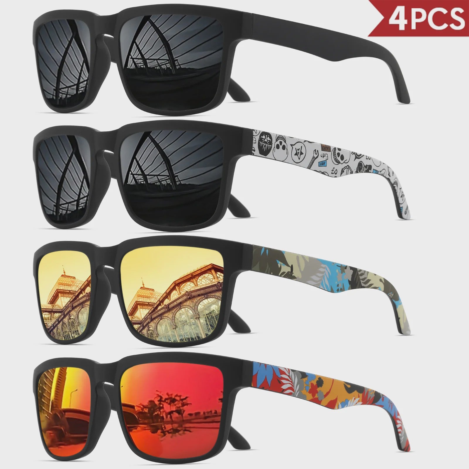 4-delige Set Vierkante Sportzonnebrillen met Designer Tempelpatroon - UV400 Bescherming