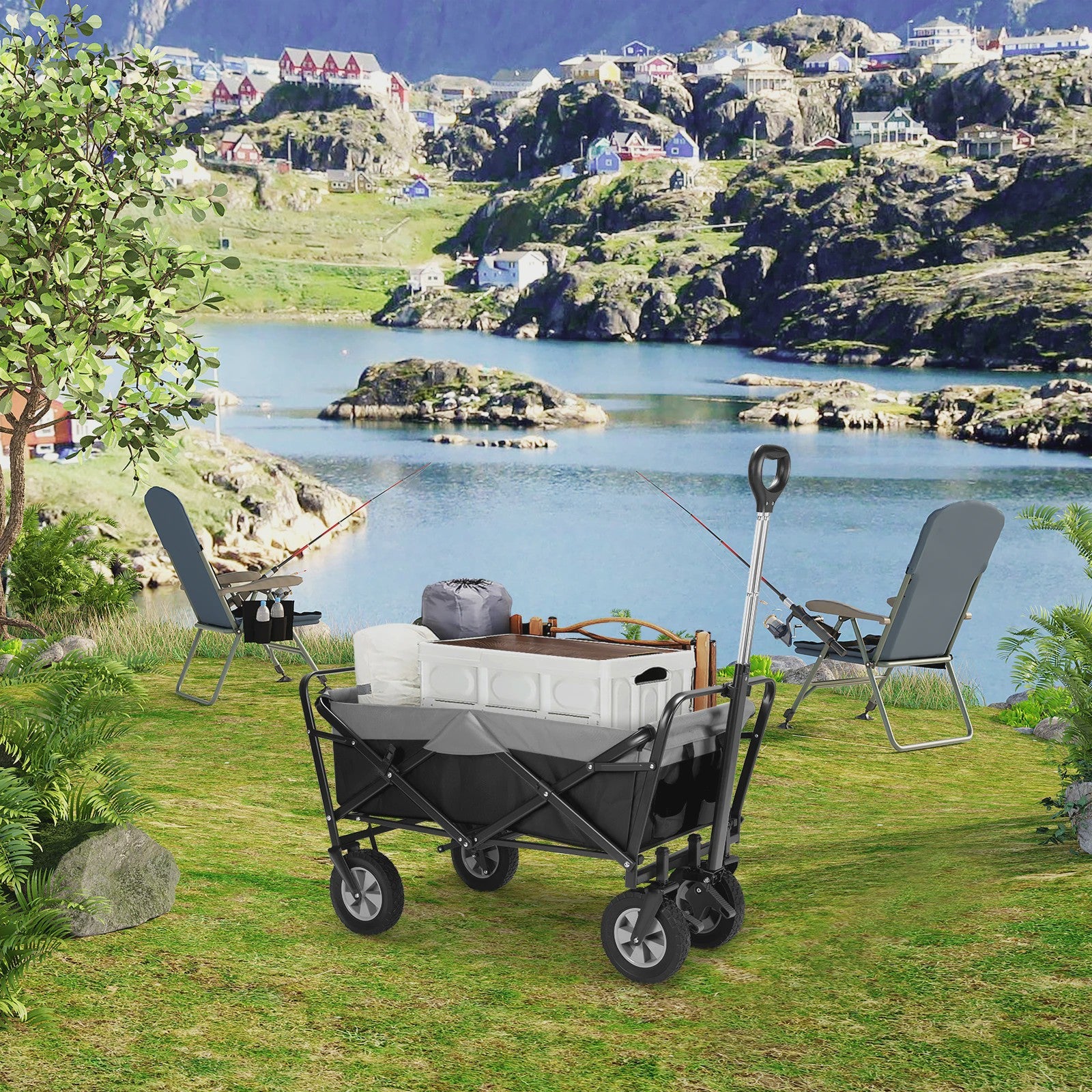 Opvouwbare Transportkar 100L met Verstelbare Handgreep en Zijvak - All-Terrain