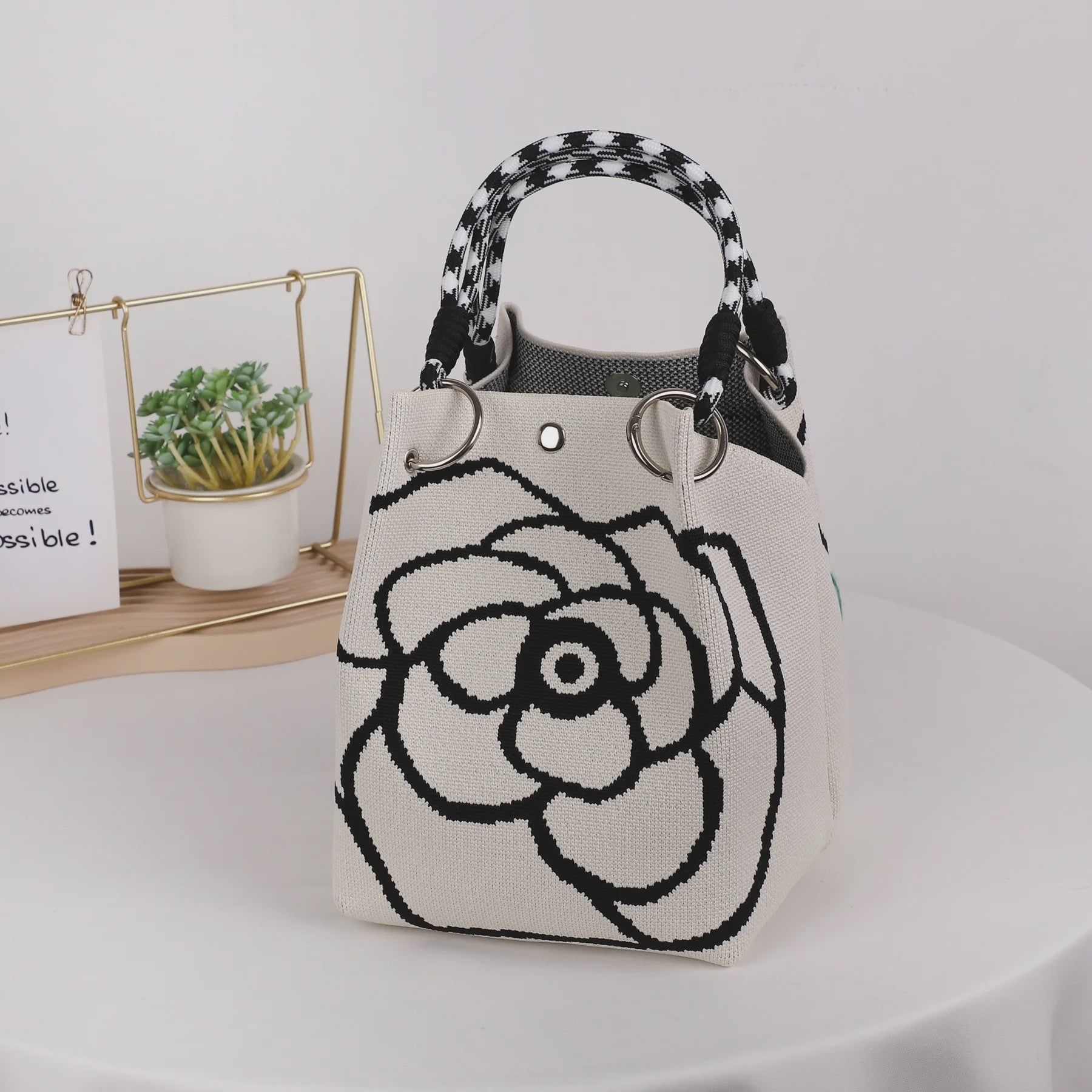 Mini Gebreide Bucket Bag Dames - Kleurrijk Colorblock Polstasje met Afneembare Handgreep