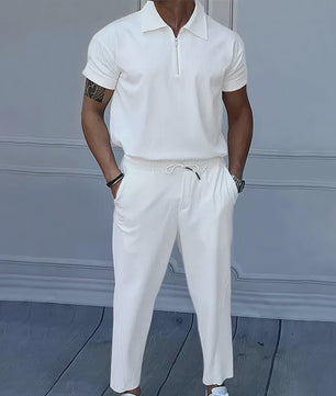 Zomer Heren Pak: Casual Short Sleeve Polo met Rits en Comfortabele Broek