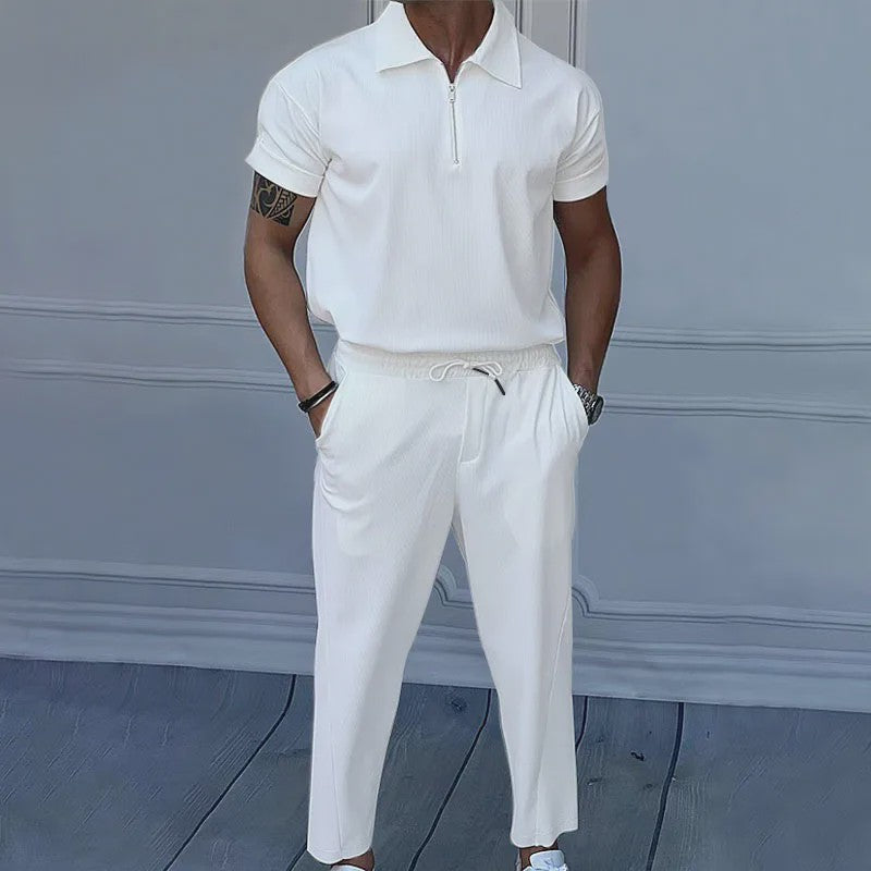 Zomer Heren Pak: Casual Short Sleeve Polo met Rits en Comfortabele Broek
