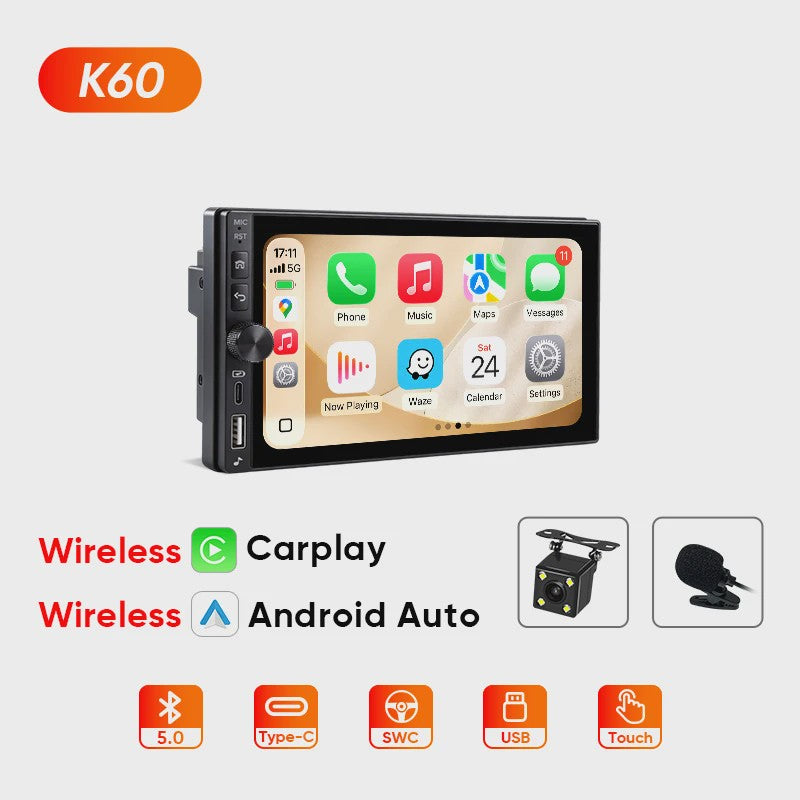 AINAVI K60 7-Inch Universele Autoradio met Draadloze CarPlay & Android Auto, Bluetooth, USB-C
