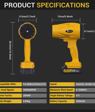 CONENTOOL Turbo Bladblazer - Krachtige Draadloze Tuinlier, 350m/s, 2x Makita 18V Accu Compatibel