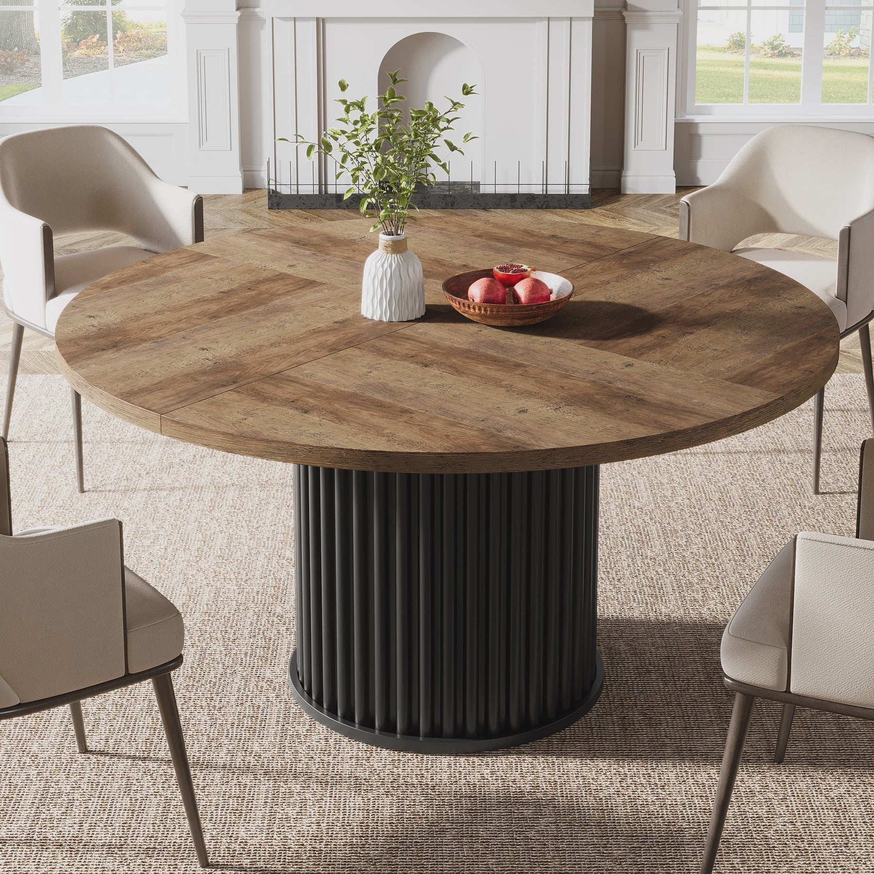 Zwarte Ronde Eettafel voor 4-6 Personen - 120 cm - Met Stijlvolle Gefineerde MDF & Metalen Onderstel