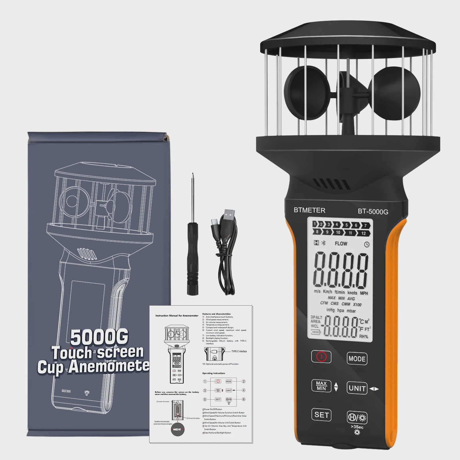 HP-5000G Digitale Anemometer: Compact, Waterdicht, Oplaadbaar met Touchscreen & Backlight