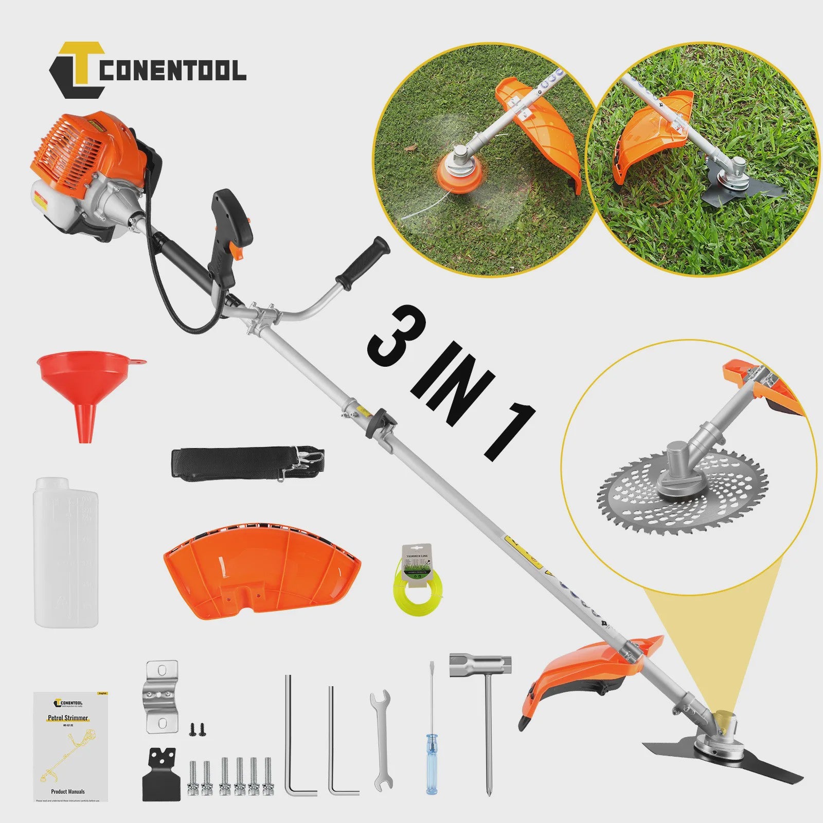 Conentool 5-in-1 Benzine Bosmaaier 52CC 11000 RPM - Grasmaaier, Heggenschaar, Kettingzaag
