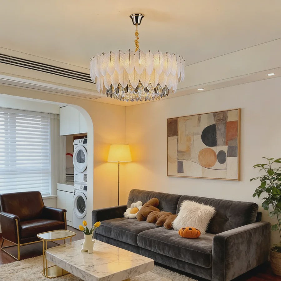 Luxe Pluimen & Kristal Plafondlamp - Sfeervolle Hanglamp voor Woonkamer & Slaapkamer