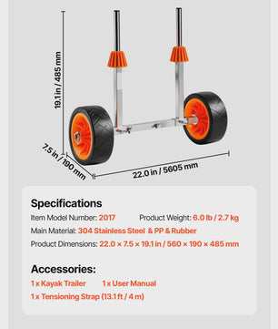 Stevige Kajak & Paddleboard Kar - 250 lbs capaciteit, 7.5 inch solide banden & Kickstand