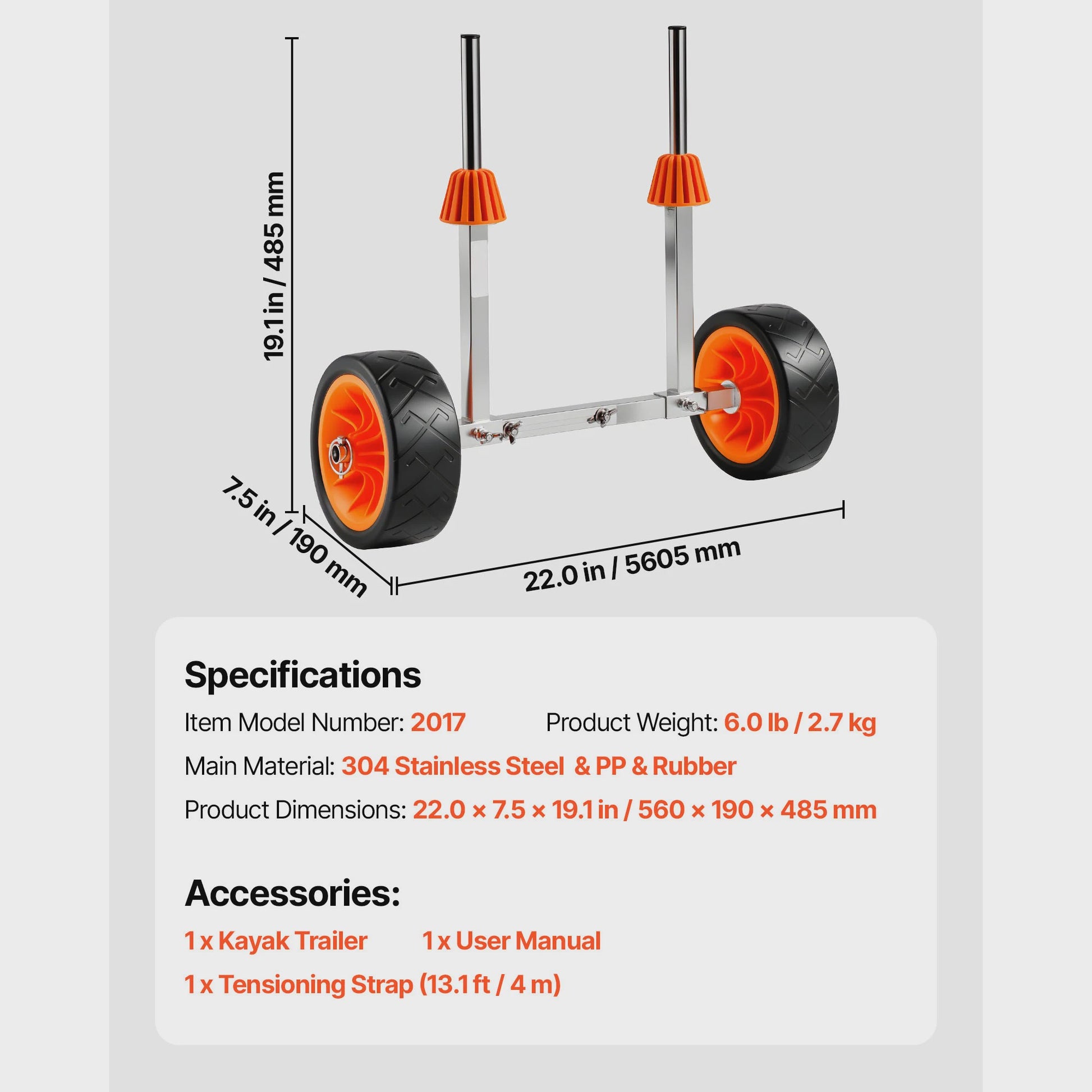 Stevige Kajak & Paddleboard Kar - 250 lbs capaciteit, 7.5 inch solide banden & Kickstand