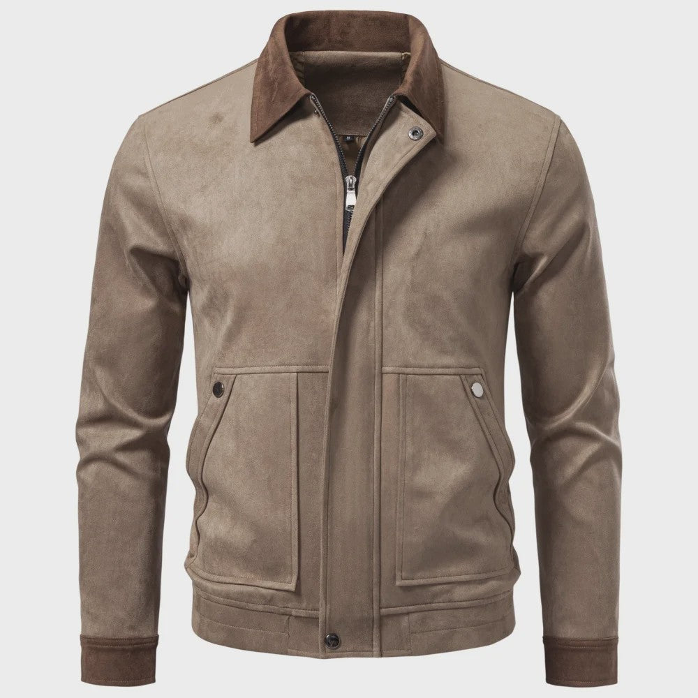 Heren Vintage Suède Look Jas - Slim Fit Lente/Herfst met Kleurblokken en Rits