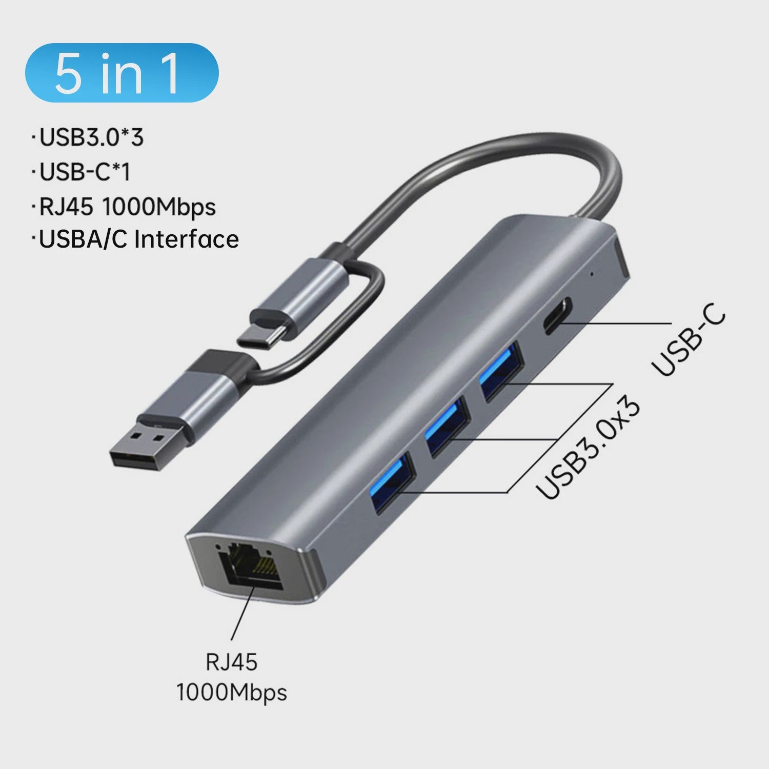 USB-C Hub met Gigabit Ethernet & 3x USB 3.0 Poorten - Aluminium Docking Station