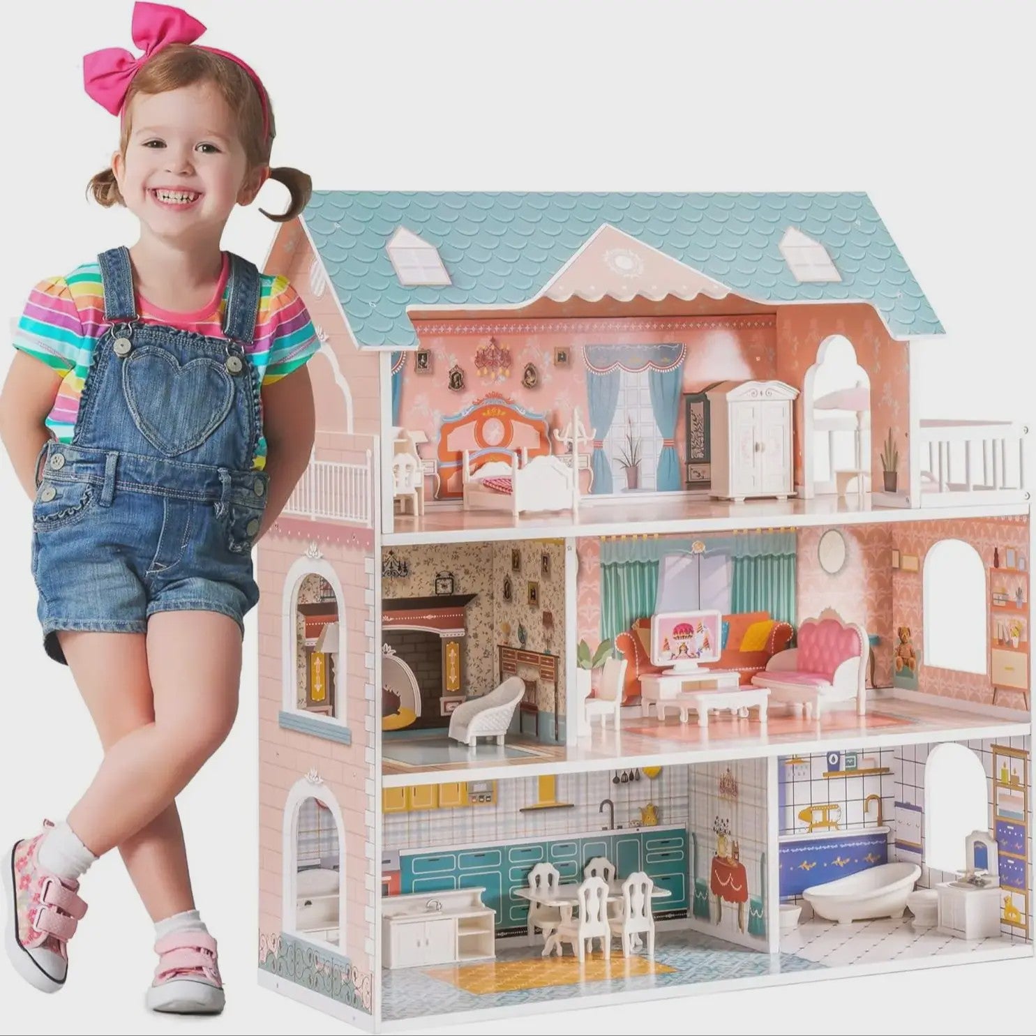 Houten Poppenhuis met Balkon - 3 Verdiepingen & 28 Accessoires - Cadeau voor Kinderen