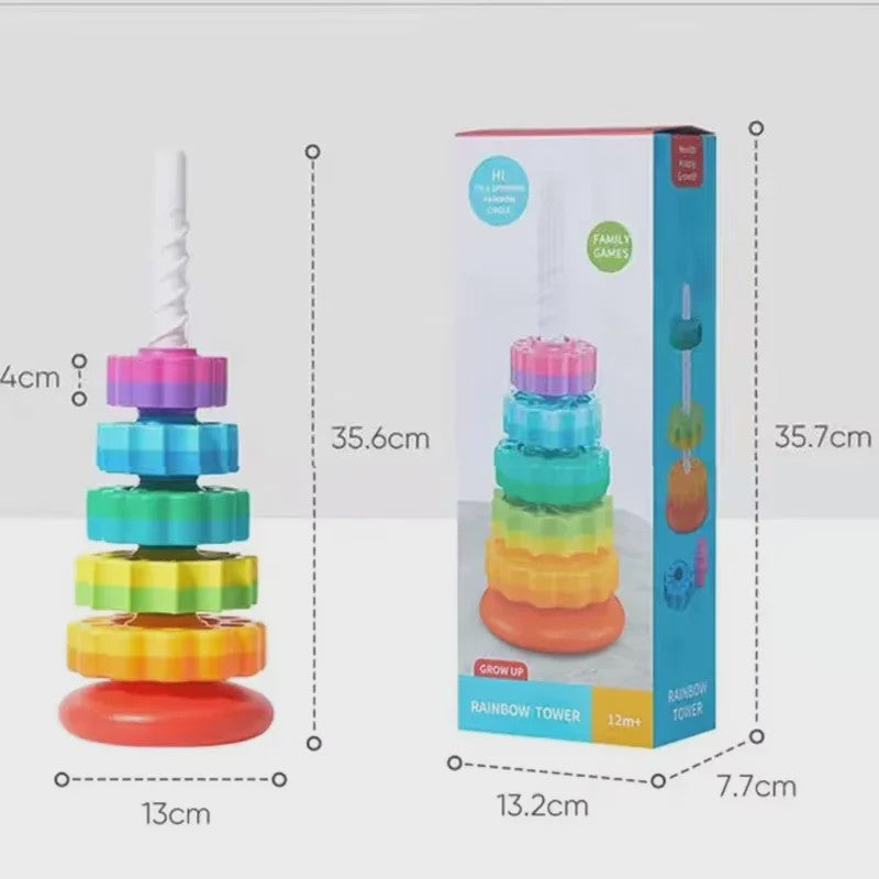 Montessori Regenboog Stapeltoren met Draaiende Tandwielen - Educatief Speelgoed voor Kinderen
