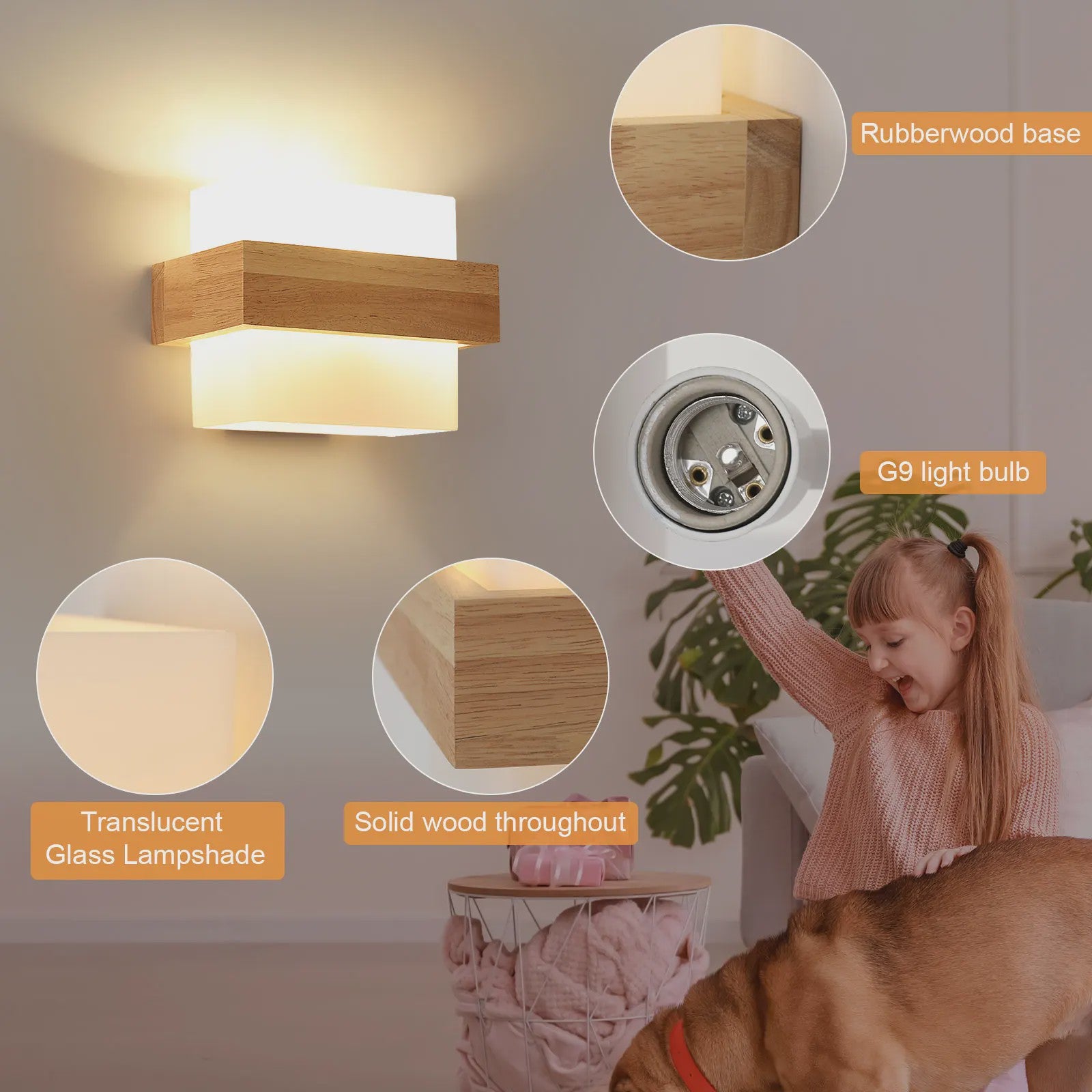 Houten Wandlamp Cilinder met Matglas en 3-kleuren LED E27 Lamp
