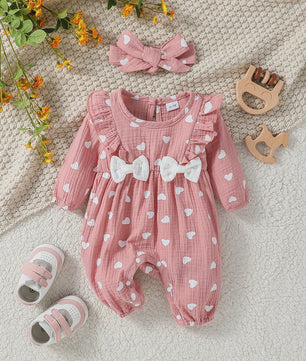 Schattige Baby Meisjes Jumpsuit met Bloemenprint, Lange Mouwen, Strikjes & Hoofdband - 0-6 Maanden