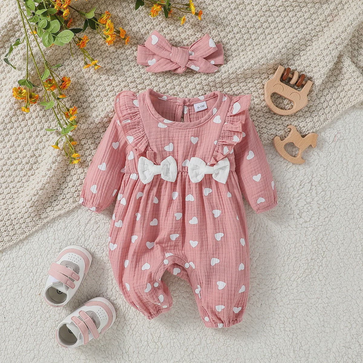 Schattige Baby Meisjes Jumpsuit met Bloemenprint, Lange Mouwen, Strikjes & Hoofdband - 0-6 Maanden