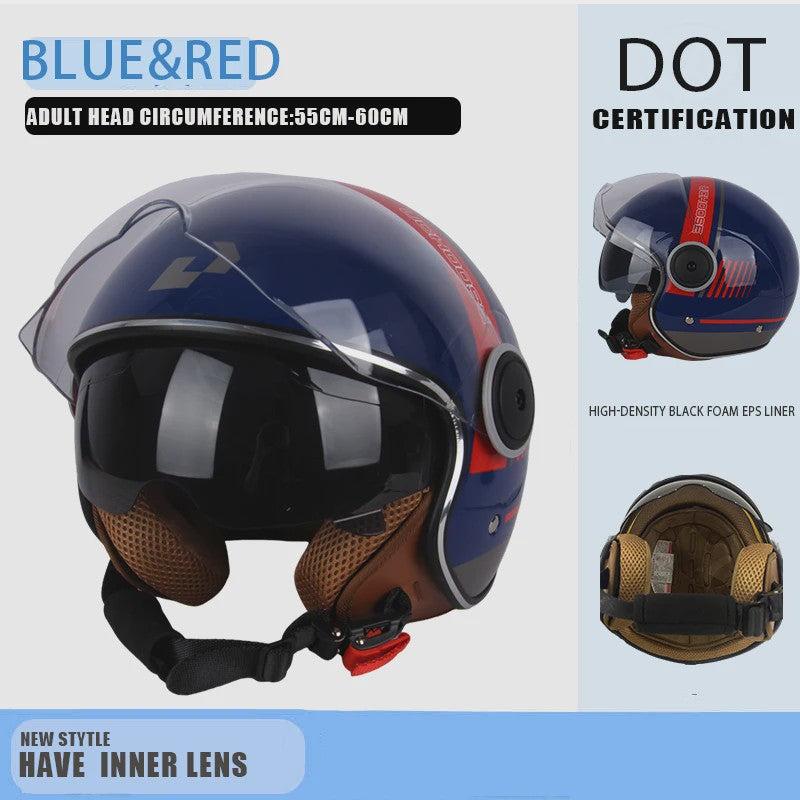 Vintage Open Motorhelm met Dubbel Vizier - DOT Gecertificeerd, Retro Stijl