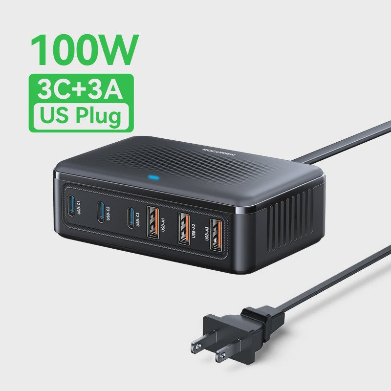 Rocoren 100W GaN Desktop Lader: 6-Poorts Snellader met USB-C voor Al Je Apparaten