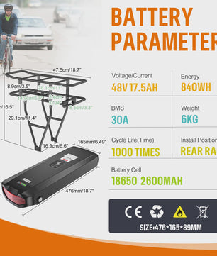 Lithium E-bike Batterij Pack 36V/48V/52V - 17.5Ah/20.8Ah Achterdrager Batterij