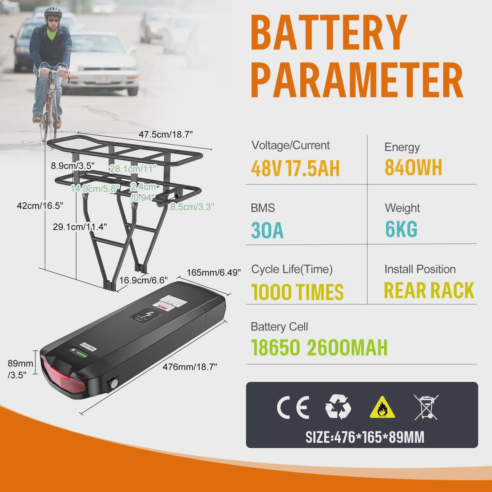 Lithium E-bike Batterij Pack 36V/48V/52V - 17.5Ah/20.8Ah Achterdrager Batterij