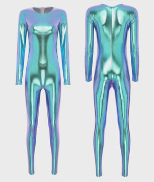 Glanzende Metallic Jumpsuit Dames - Lange Mouw Bodysuit voor Feest, Rave & Festival