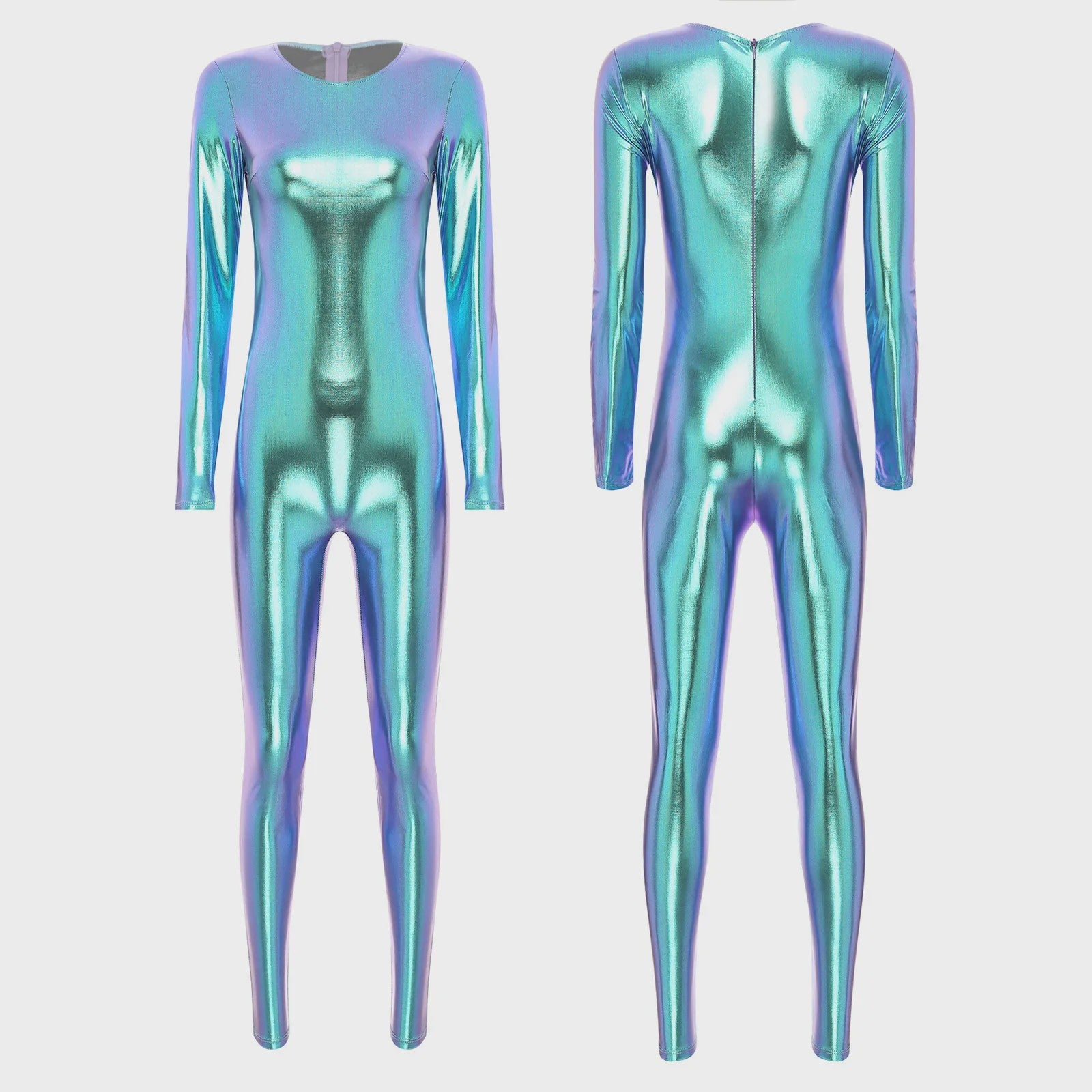 Glanzende Metallic Jumpsuit Dames - Lange Mouw Bodysuit voor Feest, Rave & Festival