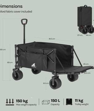 Opvouwbare Tuinwagen 150L met Zijvakken en Bekerhouders - Stevige Trolley voor Camping en Strand