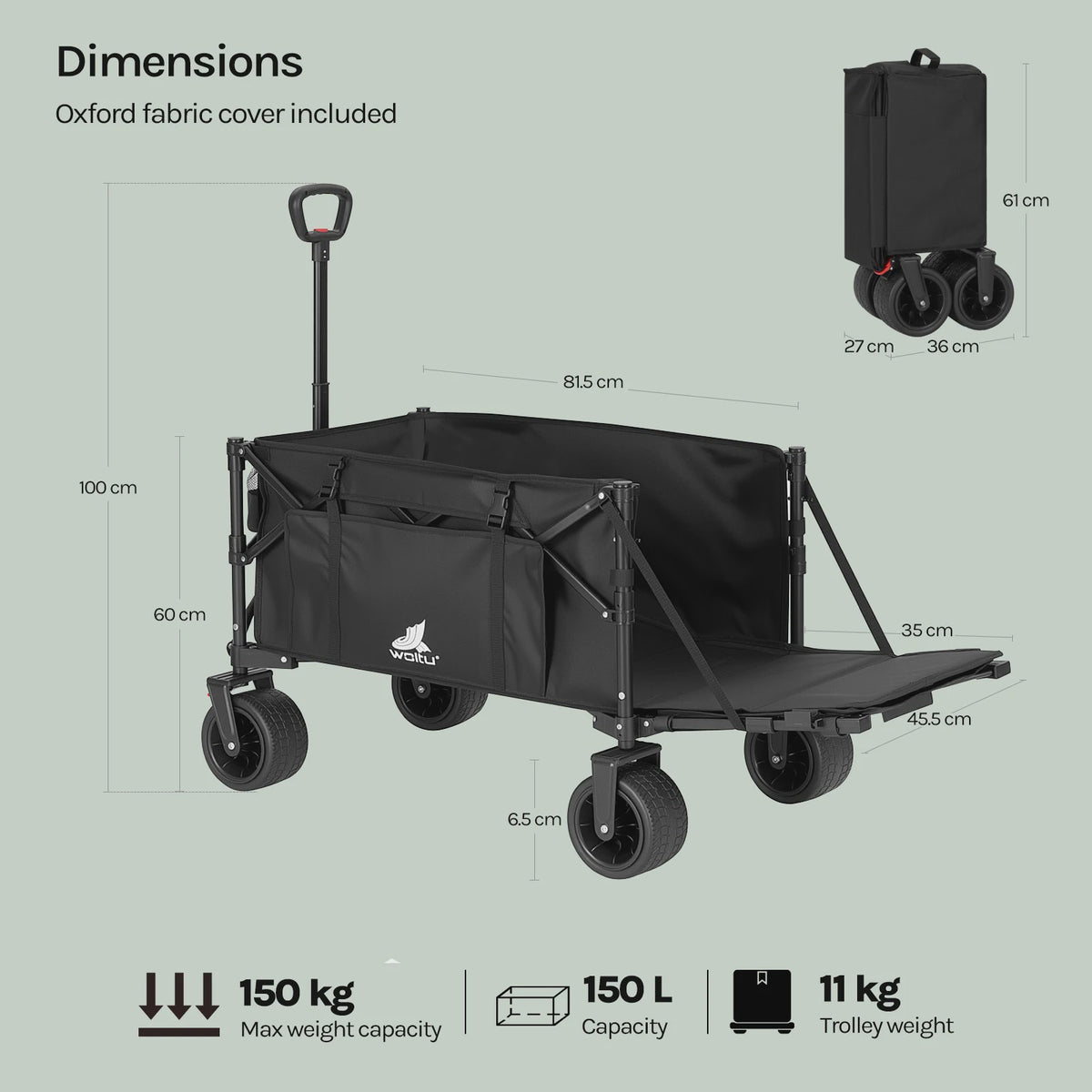 Opvouwbare Tuinwagen 150L met Zijvakken en Bekerhouders - Stevige Trolley voor Camping en Strand