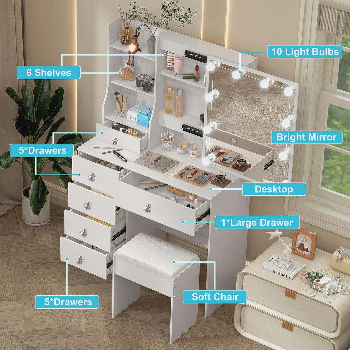 Witte Kaptafel met Schuifspiegel, Dimbare LED Verlichting, 6 Lades en Kruk