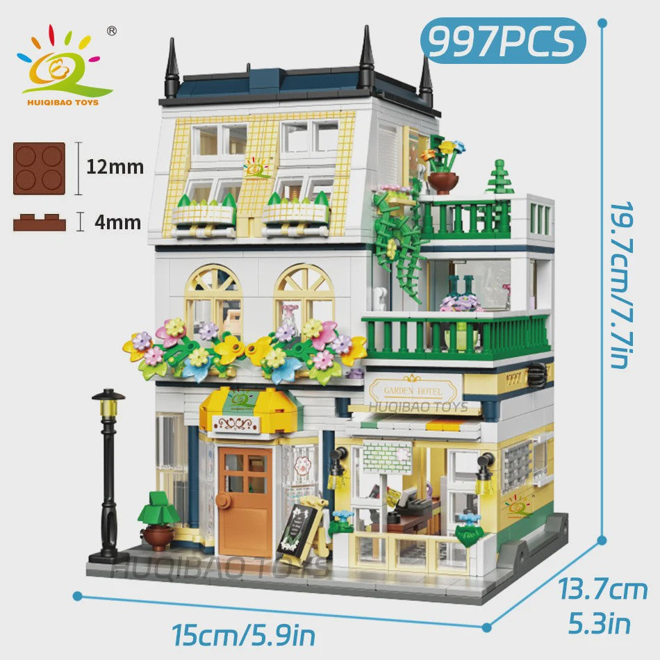 HUIQIBAO Mini Tuin Hotel Bouwset - 997 Stenen voor Stadsstraat Huis Model & Display Speelgoed