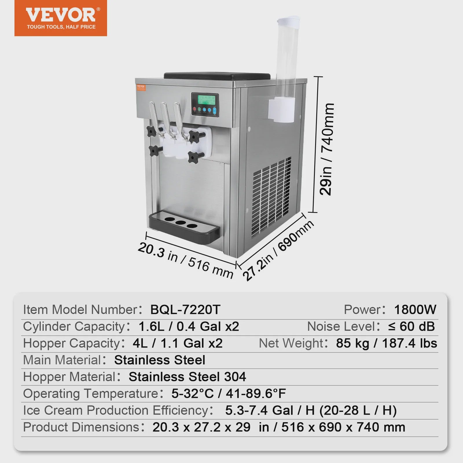 Professionele Soft Serve IJsmachine - 4L Hopper - 10.6 QT/U - 1000W - Enkele Smaak - Aanrechtmodel