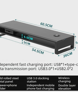 Monitor Riser Stand met USB Docking Station & Draadloze Oplader - Bureau Organizer