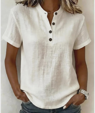 Dames Casual Linnenlook Blouse met Korte Mouwen en Henley Hals - Zomerse Relaxed Fit Top