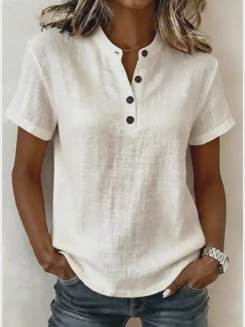 Dames Casual Linnenlook Blouse met Korte Mouwen en Henley Hals - Zomerse Relaxed Fit Top