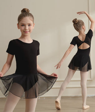 Girls Short Sleeve Ballet Leotard Girls Mesh Dance Leotard with Skirt  Kids Back Bow Knot Dancewear