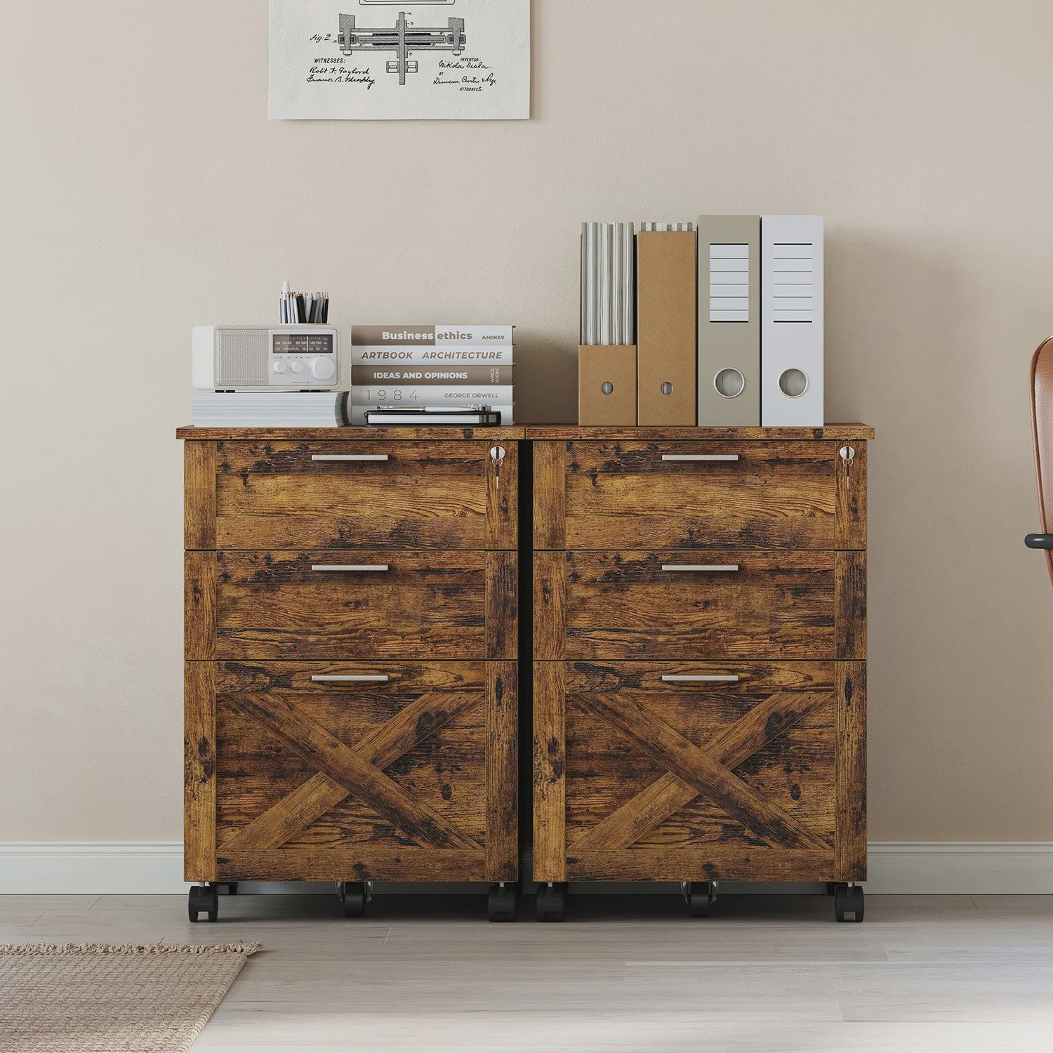 Mobiel Houten Archiefkastje met 3 Lades en Slot - Onder Bureau Ladeblok op Wielen