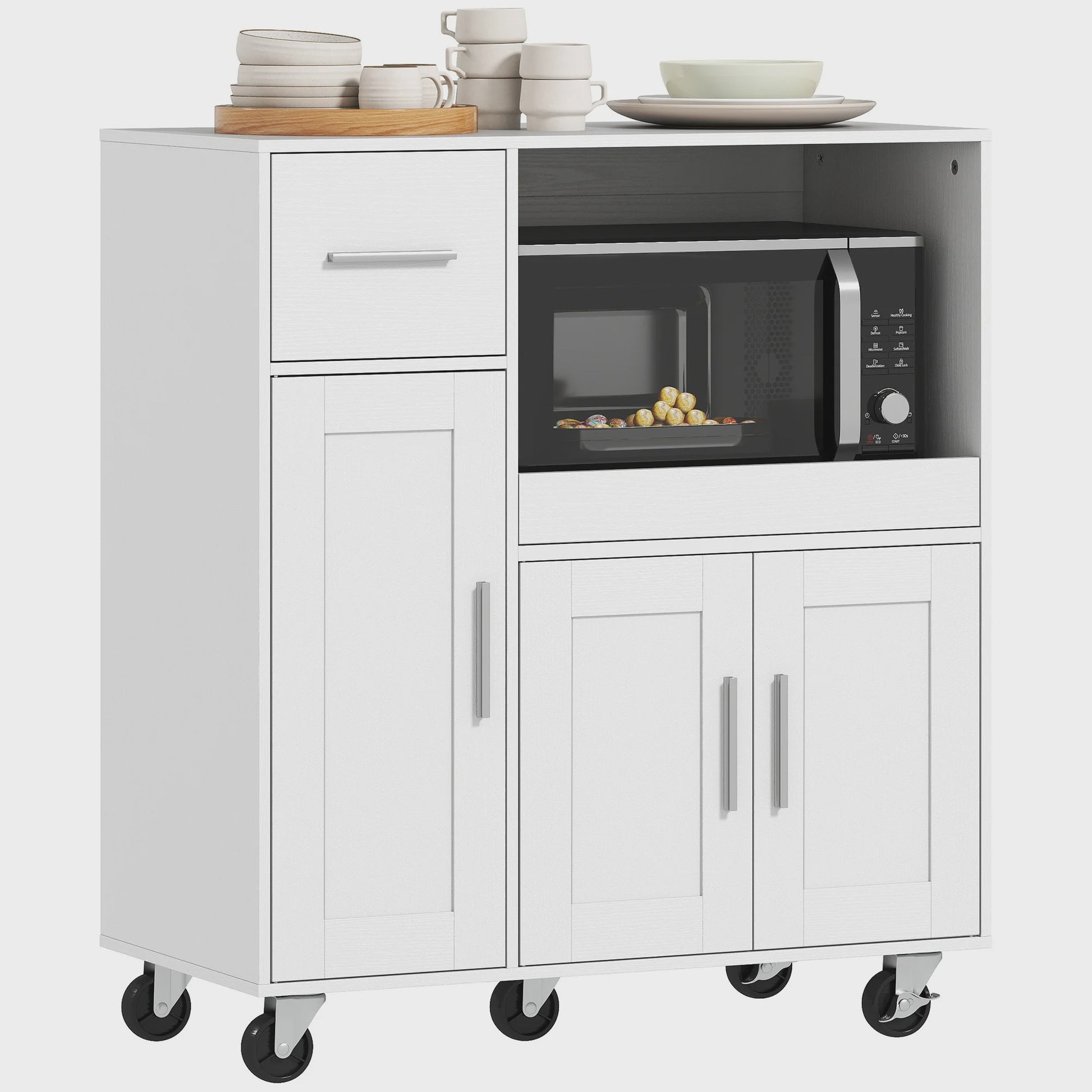 Keuken Hulpmeubel met Wielen en Uittrekbare Tray - Wit