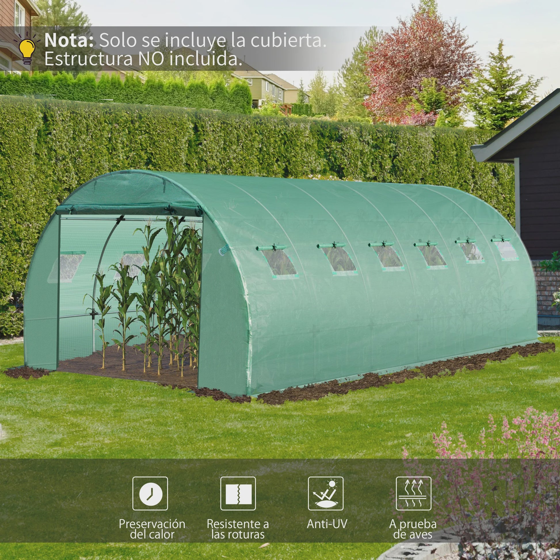 Outsunny Tunnel Kas Cover 6x3x2m met 12 Ramen en Roldeur - Bescherm uw Tuin