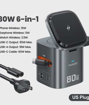 Toocki 80W GaN 6-in-1 Oplaadstation: MagSafe, 65W PD & Intrekbare Kabel