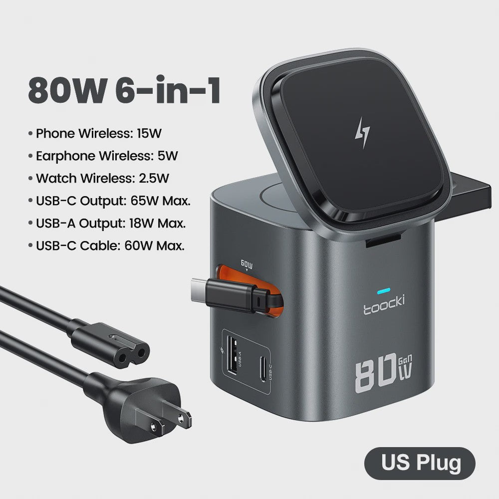 Toocki 80W GaN 6-in-1 Oplaadstation: MagSafe, 65W PD & Intrekbare Kabel