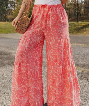 Zomerse Plus Size Wijde Pijp Broek met Bloemenprint en Elastische Tailleband