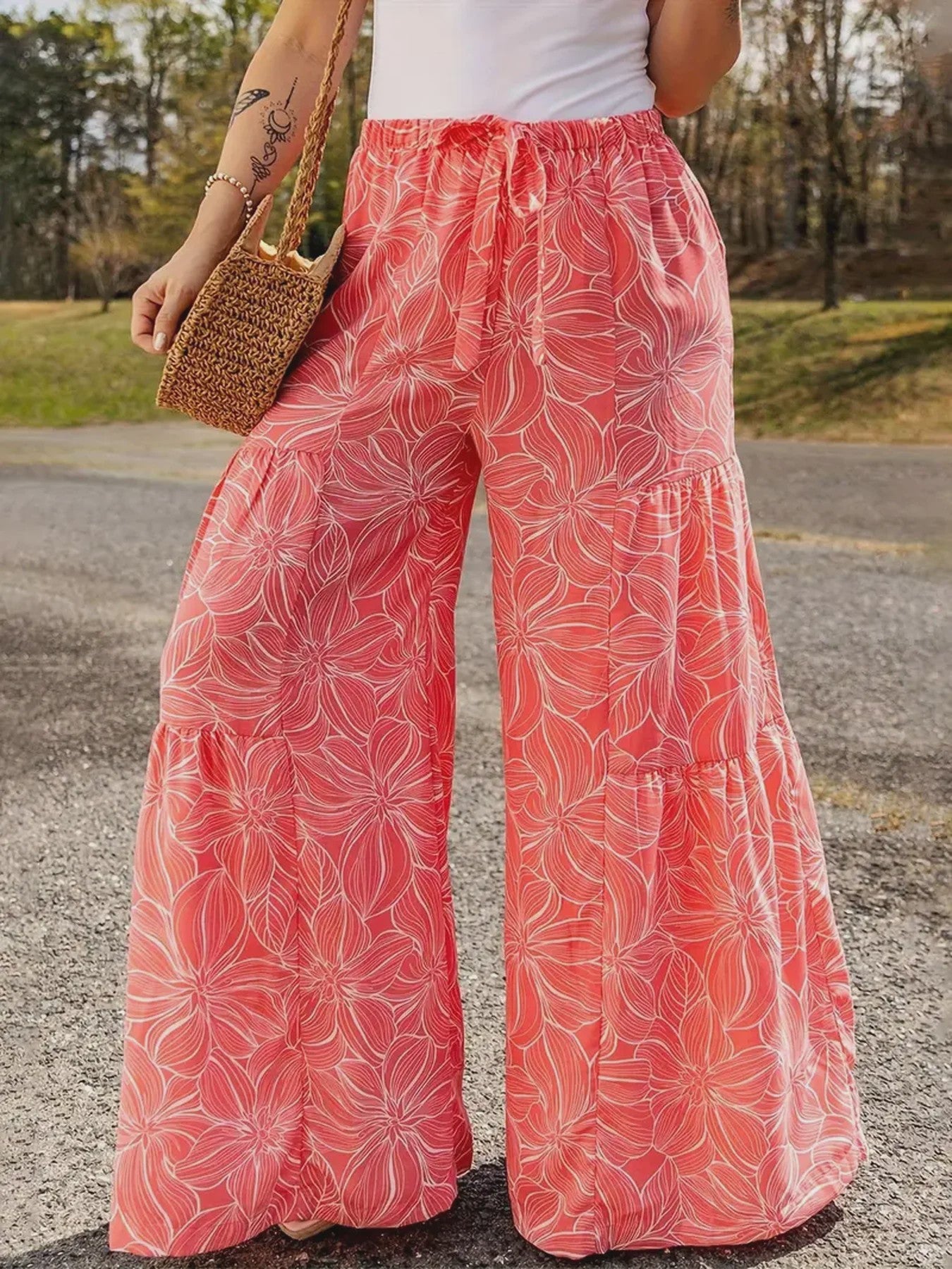 Zomerse Plus Size Wijde Pijp Broek met Bloemenprint en Elastische Tailleband