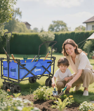 Stevige Klapbare Campingwagen met Zonnedak en Grote Wielen - Ideaal voor Buitenactiviteiten