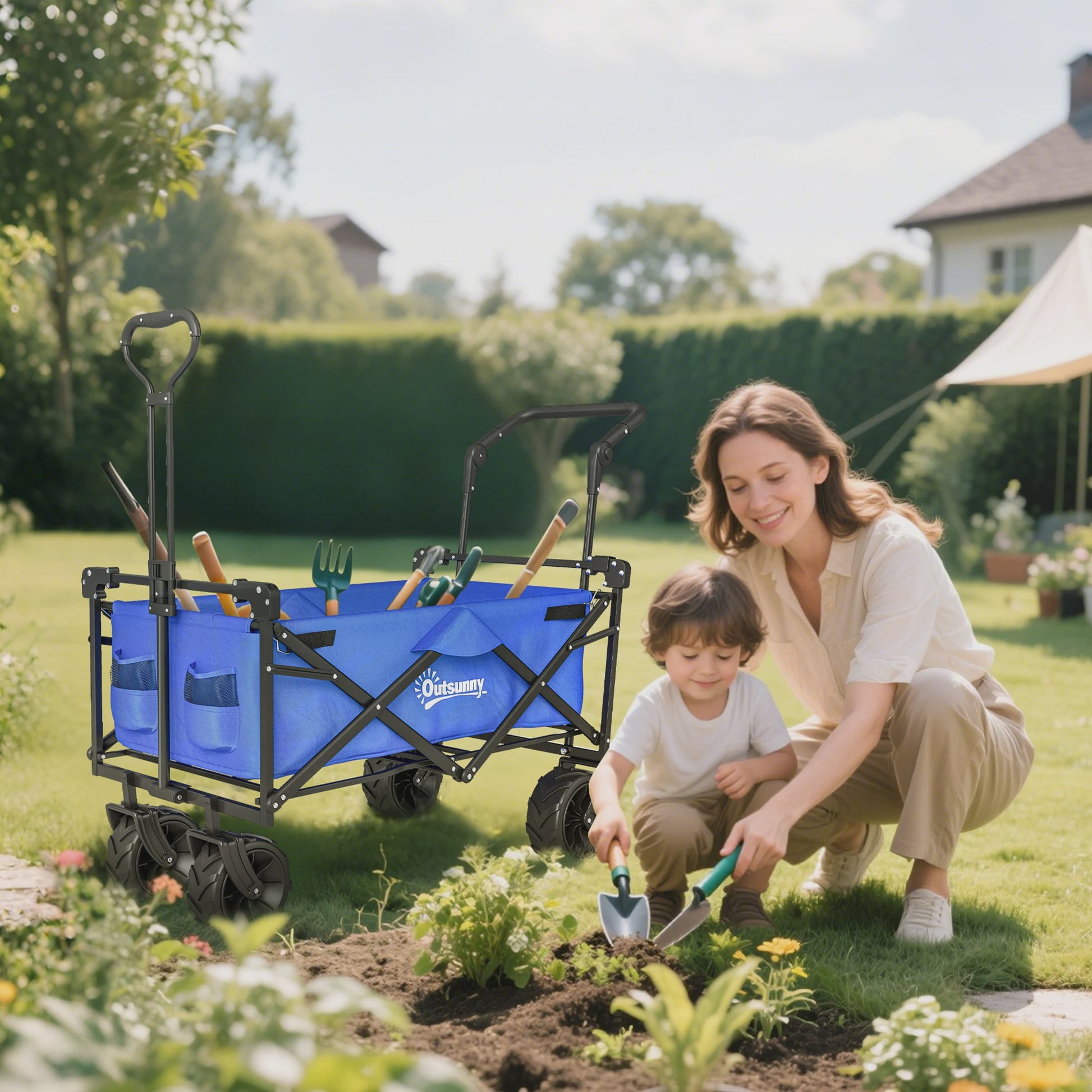 Stevige Klapbare Campingwagen met Zonnedak en Grote Wielen - Ideaal voor Buitenactiviteiten