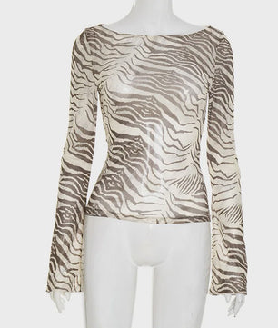 Dames Mesh Shirt met Zebra & Luipaardprint - Off-Shoulder Lange Mouwen