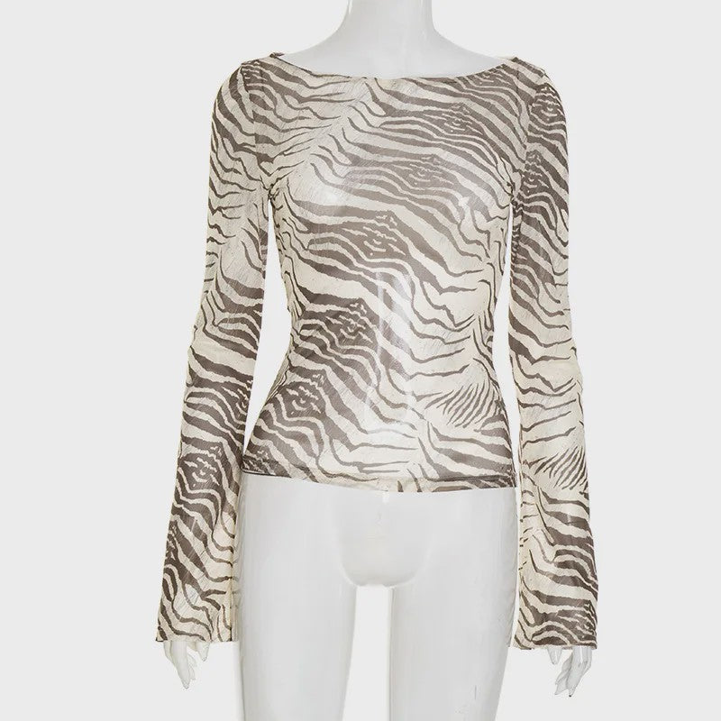 Dames Mesh Shirt met Zebra & Luipaardprint - Off-Shoulder Lange Mouwen