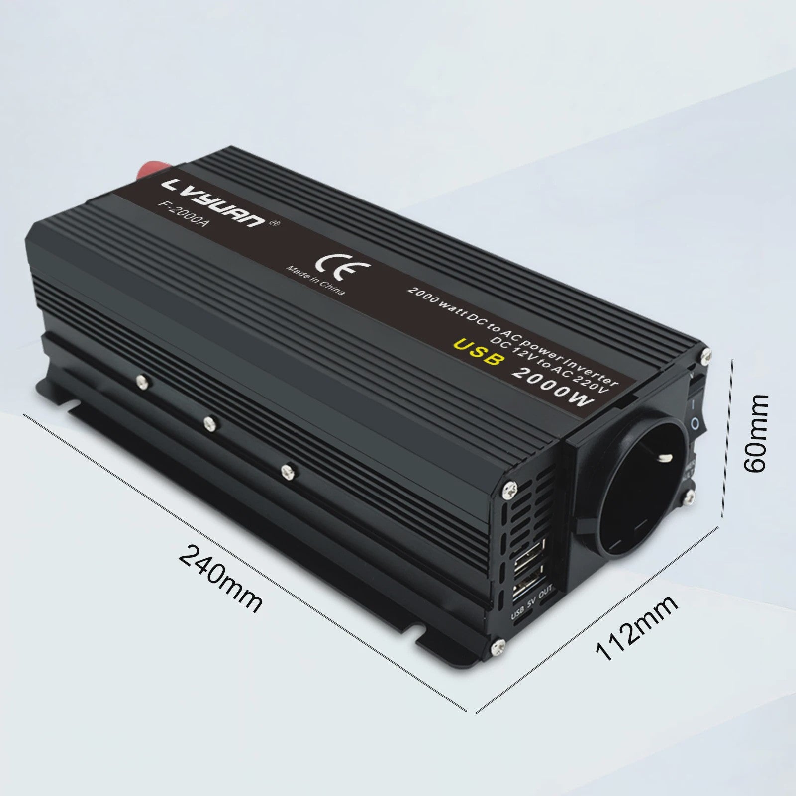 2000W Power Inverter 12V DC naar 230V AC met EU-stopcontact en Dubbele USB - Zwart